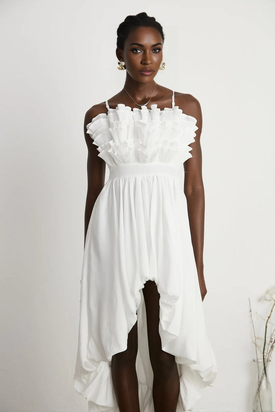 Raphaëlle white ruffled pleated midi dress
