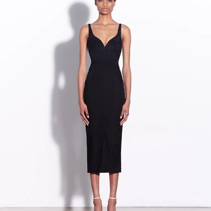 Raven wearing Black Dress Elegance Mood A-line Silhouette Stand Neckline Natural Waist Italian Sophistication Premium Craftsmanship