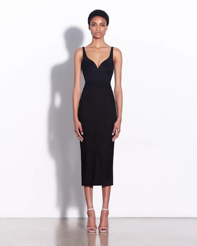 Raven wearing Black Dress Elegance Mood A-line Silhouette Stand Neckline Natural Waist Italian Sophistication Premium Craftsmanship
