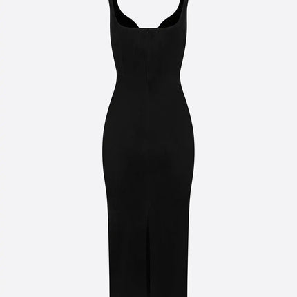 Raven wearing Black Dress Elegance Mood mid-calf dress with stand neckline and natural waist