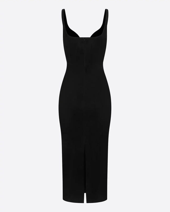 Raven wearing Black Dress Elegance Mood mid-calf dress with stand neckline and natural waist