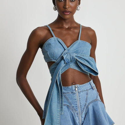 Raven Blue Denim Top Sweetheart Neckline Bow Detailing