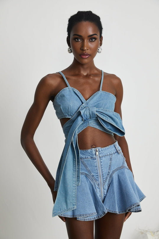 Raven Blue Denim Top Sweetheart Neckline Bow Detailing