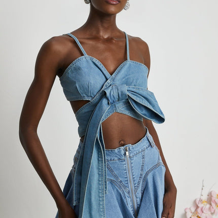 Raven Blue Denim Top with Sweetheart Neckline and Bow Detailing