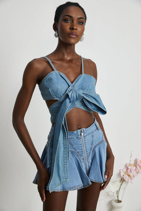 Raven Blue Denim Top with Sweetheart Neckline and Bow Detailing