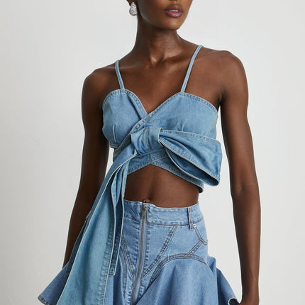 Raven Blue Denim Top with Sweetheart Neckline and Bow Detailing
