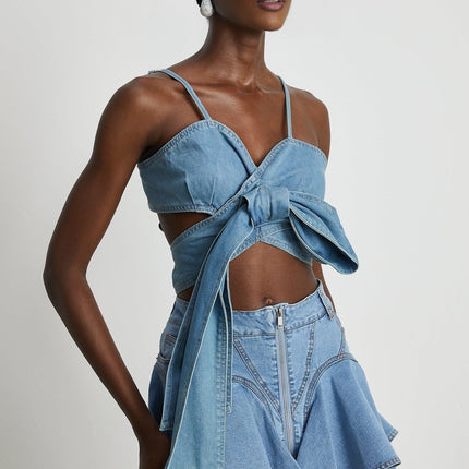 Raven Blue Denim Top with Sweetheart Neckline and Bow Detailing