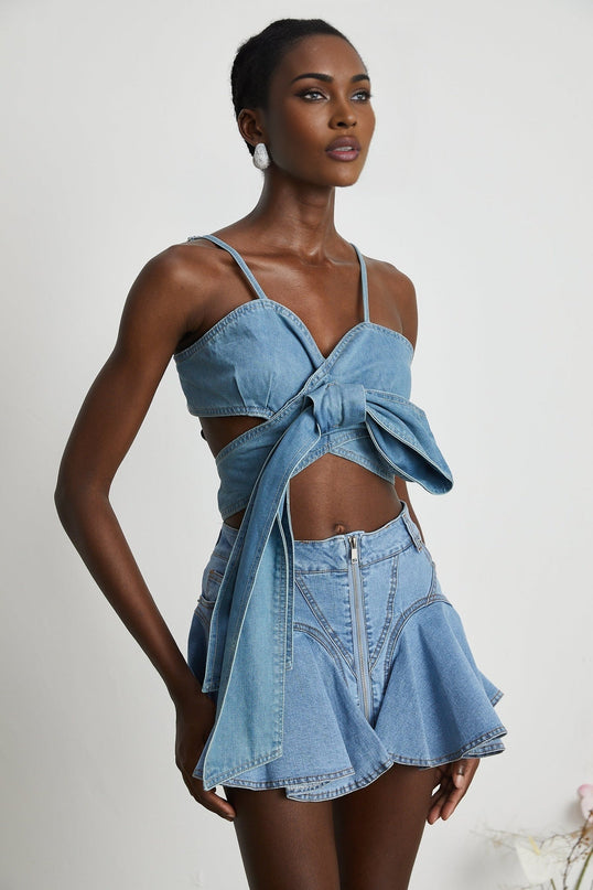 Raven Blue Denim Top with Sweetheart Neckline and Bow Detailing