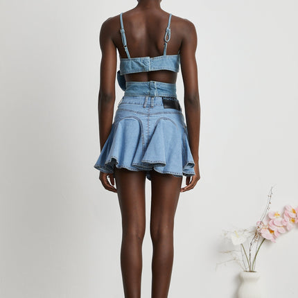 Raven Blue Denim Top Sweetheart Neckline Bow Detailing Spaghetti Straps
