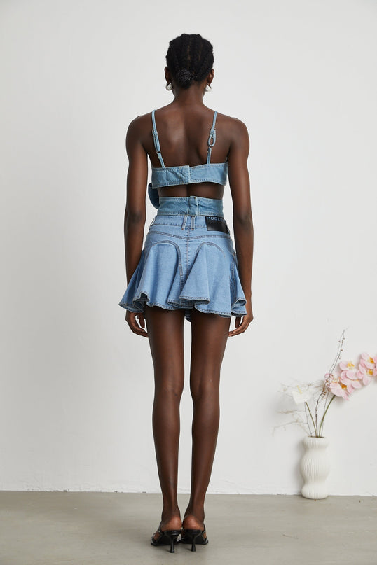 Raven Blue Denim Top Sweetheart Neckline Bow Detailing Spaghetti Straps