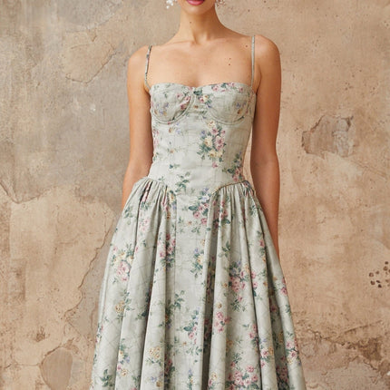 Raven Green Floral Midi Dress with Square Neck and Adjustable Straps