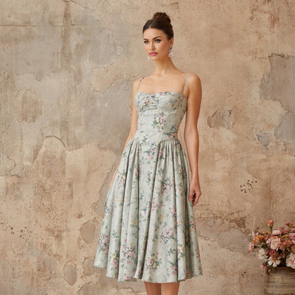 Raven Green Floral Midi Dress with Square Neck and Cinched Waist
