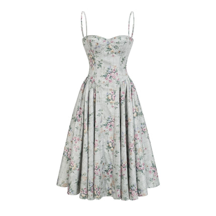 Raven Green Floral Midi Dress with Square Neck and Cinched Waist