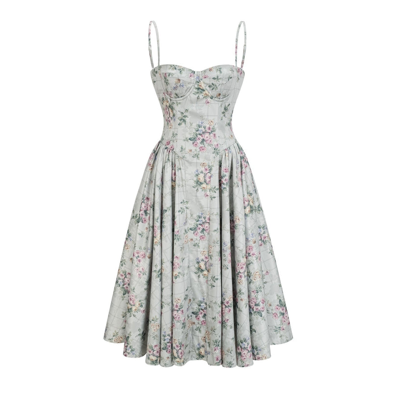 Raven Green Floral Midi Dress with Square Neck and Cinched Waist