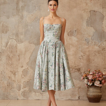 Raven Green Floral Midi Dress with Square Neck and Cinched Waist