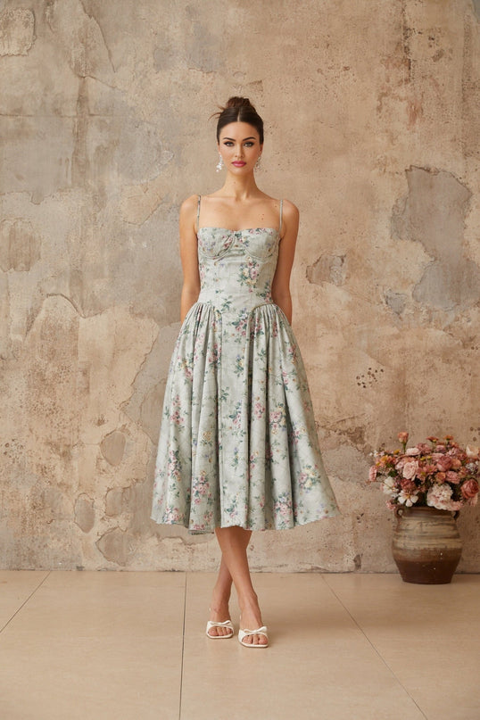 Raven Green Floral Midi Dress with Square Neck and Cinched Waist