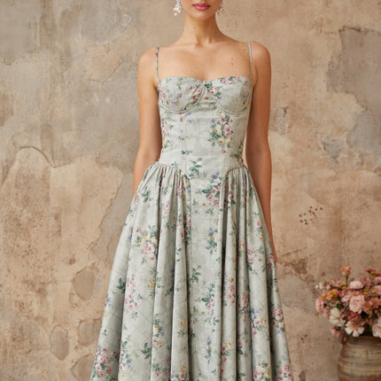 Raven Green Floral Midi Dress with Square Neck and Cinched Waist