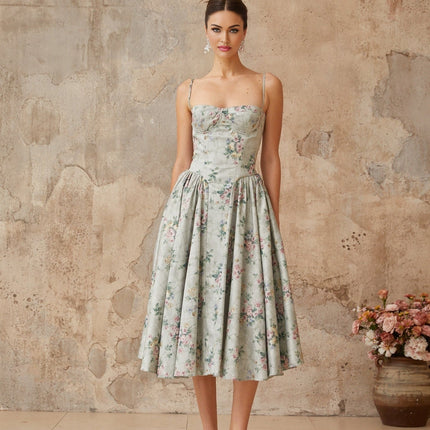Raven Green Floral Midi Dress with Square Neck and Cinched Waist