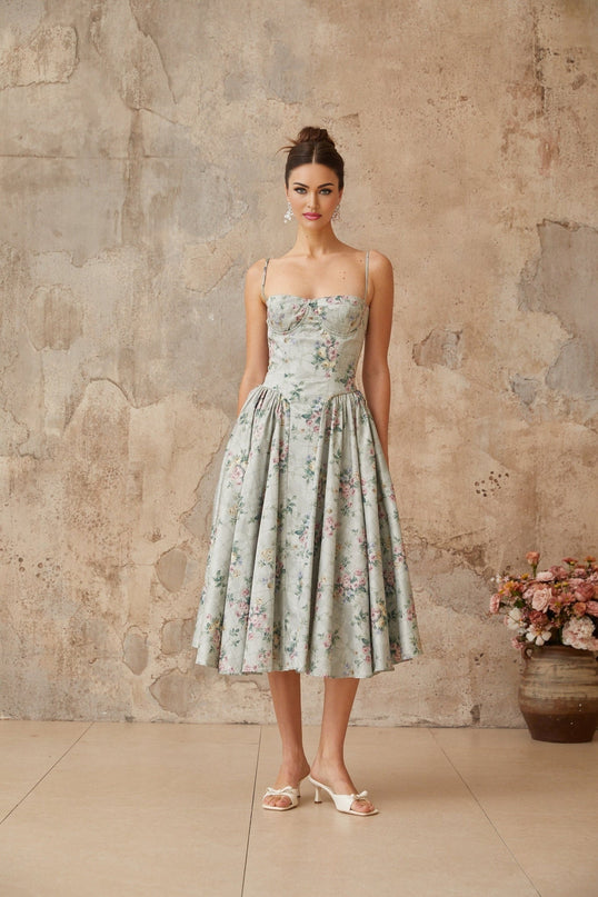 Raven Green Floral Midi Dress with Square Neck and Cinched Waist