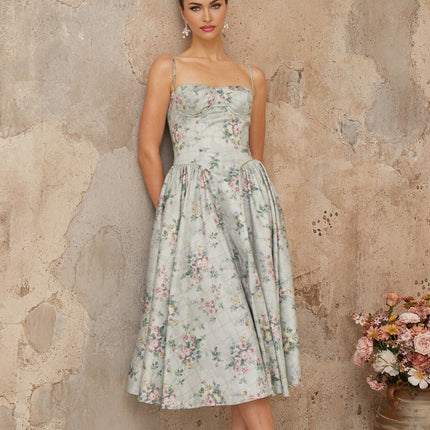 Raven Green Floral Midi Dress with Square Neck and Cinched Waist