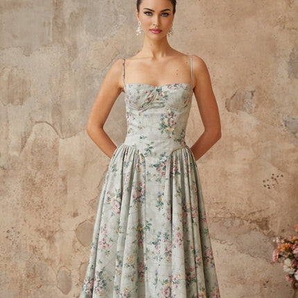 Raven Green Floral Midi Dress with Square Neck and Cinched Waist