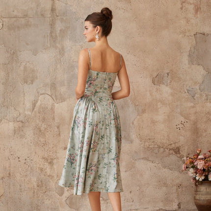 Raven Green Floral Midi Dress with Square Neck and Cinched Waist