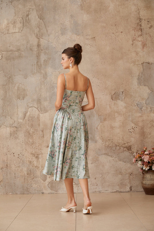 Raven Green Floral Midi Dress with Square Neck and Cinched Waist
