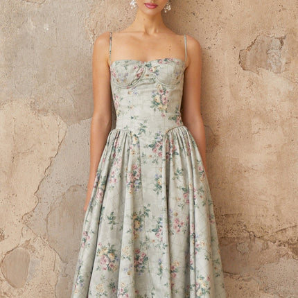 Raven Green Floral Midi Dress with Square Neck and Cinched Waist