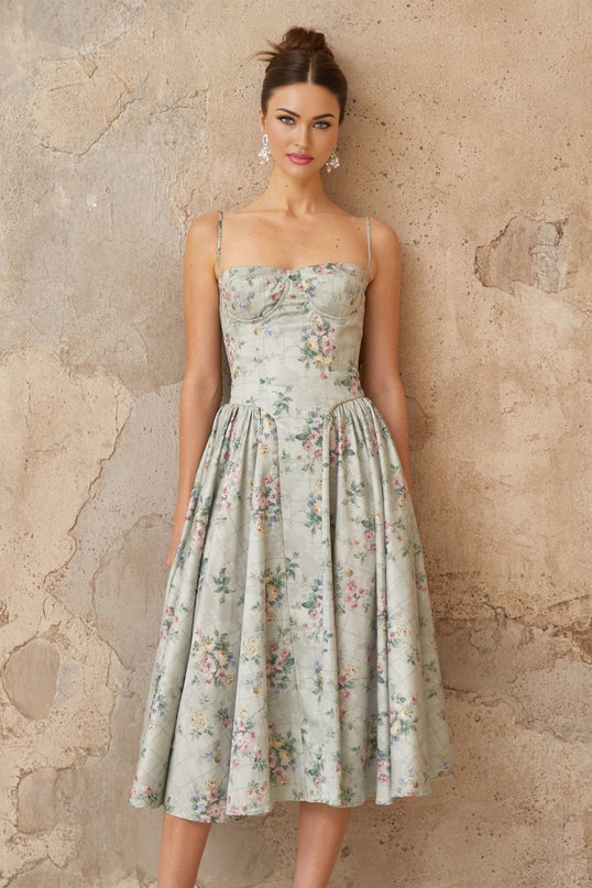 Raven Green Floral Midi Dress with Square Neck and Cinched Waist