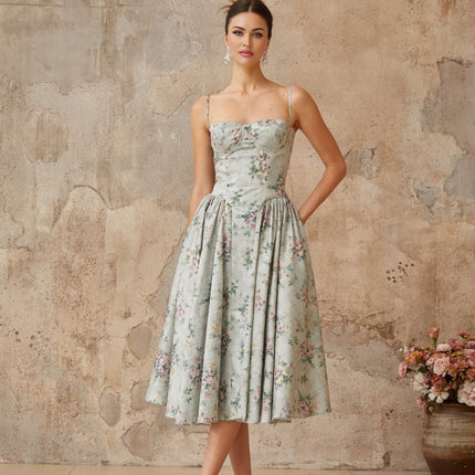 Raven Green Floral Midi Dress with Square Neck and Cinched Waist