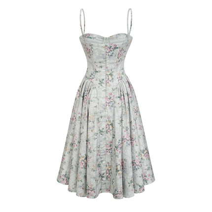 Raven Green Floral Midi Dress with Square Neck and Cinched Waist