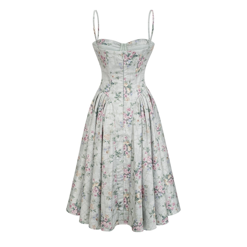 Raven Green Floral Midi Dress with Square Neck and Cinched Waist