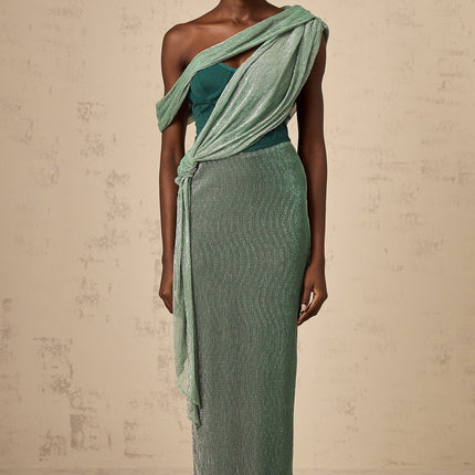 Raven Green Maxi Dress Sleeveless Mono Shoulder Bustier Style Metallic Effect Rear Slit Ribbon Design Rear Zip Fastening Luxurious Terylene Fiber Glamorous Look
