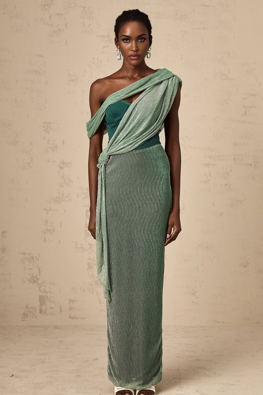 Raven Green Maxi Dress Sleeveless Mono Shoulder Bustier Style Metallic Effect Rear Slit Ribbon Design Rear Zip Fastening Luxurious Terylene Fiber Glamorous Look