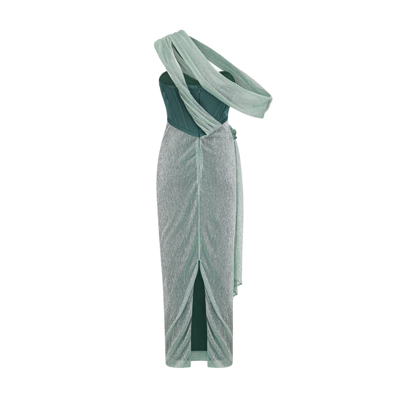 Raven Green Maxi Dress Sleeveless Bustier Asymmetric Metallic Rear Slit Ribbon Design Zip Fastening Luxurious Terylene Fiber