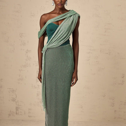 Raven Green Maxi Dress with Metallic Effect and Ribbon Design