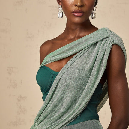 Raven Green Maxi Dress Sleeveless Bustier Metallic Effect Rear Slit Ribbon Design Zip Fastening Terylene Fiber