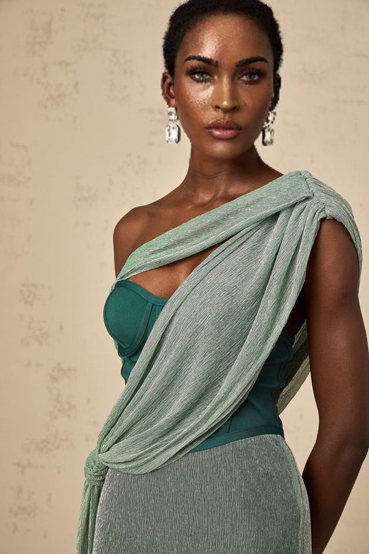 Raven Green Maxi Dress Sleeveless Bustier Metallic Effect Rear Slit Ribbon Design Zip Fastening Terylene Fiber