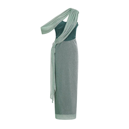 Raven Green Maxi Dress Sleeveless Mono Shoulder Bustier Style Asymmetric Metallic Effect Rear Slit Ribbon Design Rear Zip Fastening Luxurious Terylene Fiber Glamorous Look