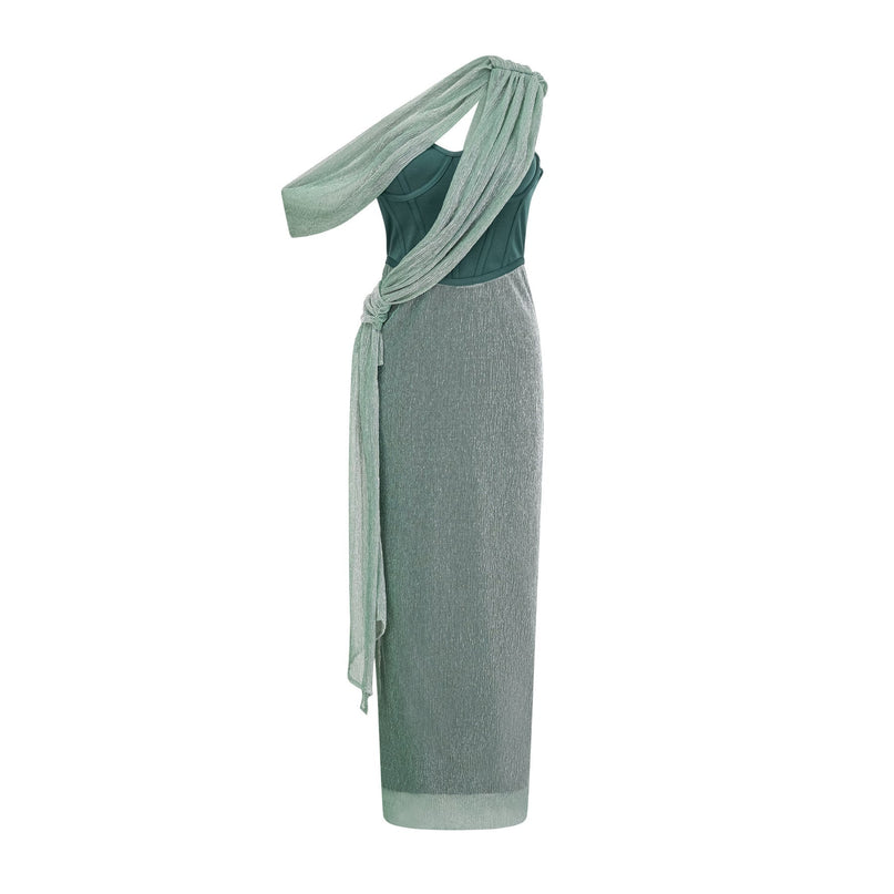 Raven Green Maxi Dress Sleeveless Mono Shoulder Bustier Style Asymmetric Metallic Effect Rear Slit Ribbon Design Rear Zip Fastening Luxurious Terylene Fiber Glamorous Look