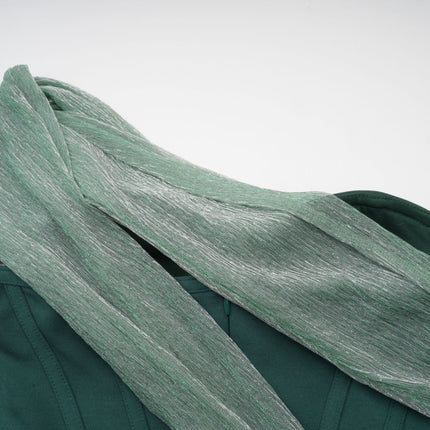 Raven Green Maxi Dress Sleeveless Mono Shoulder Bustier Metallic Effect Rear Slit Ribbon Design Zip Fastening Luxurious Terylene Fiber