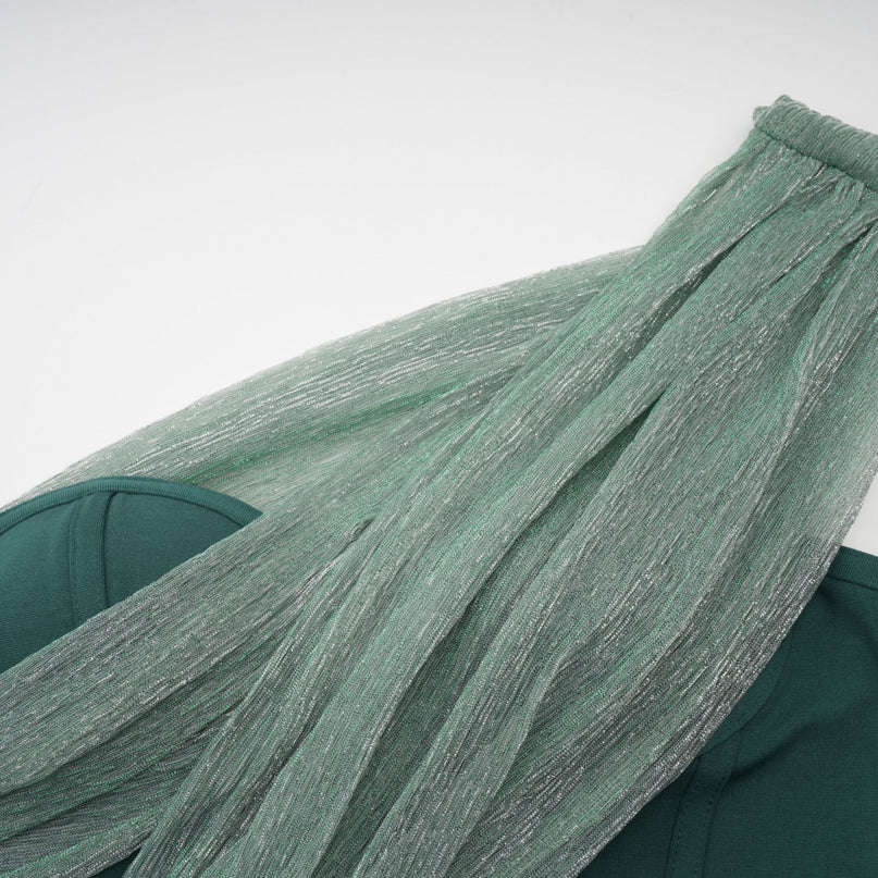 Raven Green Maxi Dress with Metallic Effect and Ribbon Design