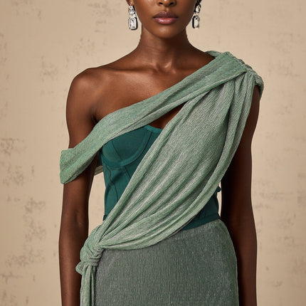 Raven Green Maxi Dress Sleeveless Mono Shoulder Metallic Effect Bustier Style Rear Slit Ribbon Design Rear Zip Fastening Luxurious Terylene Fiber