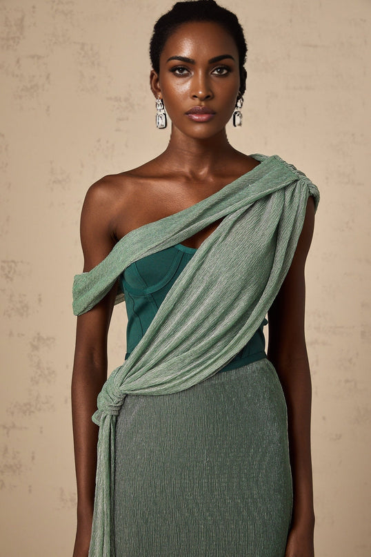 Raven Green Maxi Dress Sleeveless Mono Shoulder Metallic Effect Bustier Style Rear Slit Ribbon Design Rear Zip Fastening Luxurious Terylene Fiber