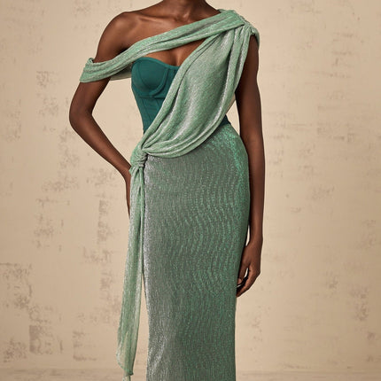 Raven Green Maxi Dress Sleeveless Mono Shoulder Bustier Asymmetric Metallic Effect Rear Slit Ribbon Design Rear Zip Fastening Maxi Length Cut Luxurious Terylene Fiber Sophistication Style