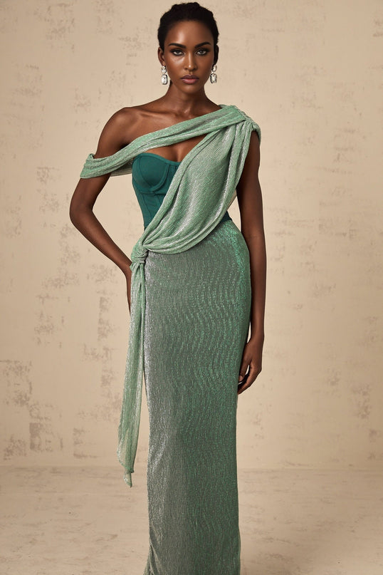 Raven Green Maxi Dress Sleeveless Mono Shoulder Bustier Asymmetric Metallic Effect Rear Slit Ribbon Design Rear Zip Fastening Maxi Length Cut Luxurious Terylene Fiber Sophistication Style