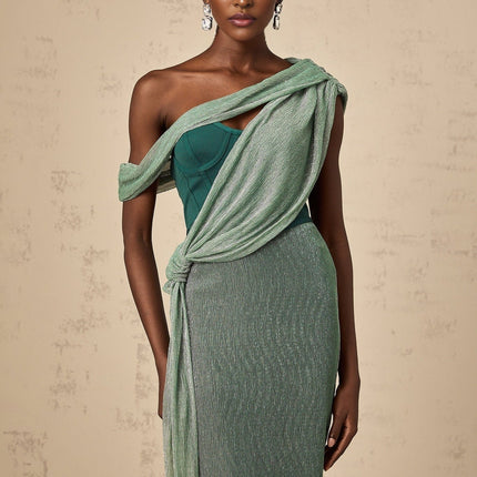 Raven Green Maxi Dress Sleeveless Mono Shoulder Bustier Metallic Effect Rear Slit Ribbon Design Zip Fastening Luxurious Terylene Fiber
