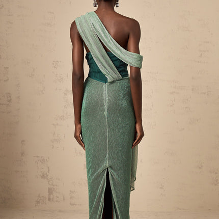 Raven Green Maxi Dress Sleeveless Asymmetric Metallic Effect Ribbon Design Rear Slit Rear Zip Fastening Luxurious Terylene Fiber
