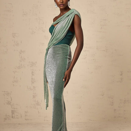 Raven Green Maxi Dress Sleeveless Mono Shoulder Bustier Asymmetric Metallic Rear Slit Ribbon Design Zip Fastening Luxurious Terylene Fiber