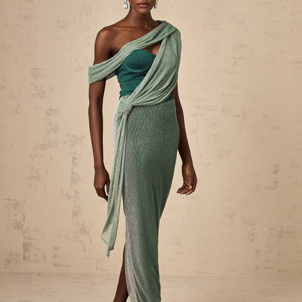 Raven Green Maxi Dress Sleeveless Mono Shoulder Bustier Metallic Effect Rear Slit Ribbon Design Zip Fastening Luxurious Terylene Fiber